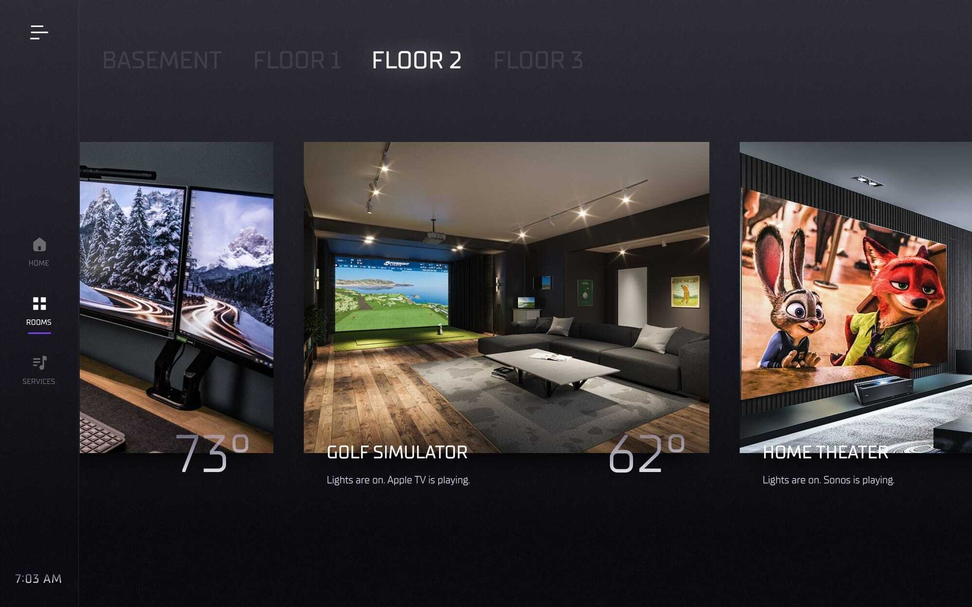 Tahoe on-panel interface — Rooms view, showing Floor 2 with golf simulator, monitors, and home theatre tiles.